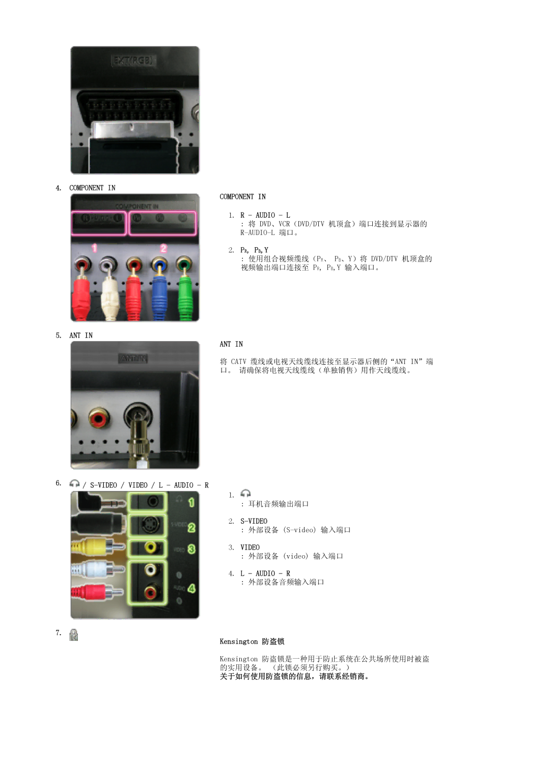 Samsung LS19DOWSS/EDC, LS19DOCSS/EDC Audio L, Pr, Pb,Y, Video / Video / L Audio R, Kensington 防盗锁, 关于如何使用防盗锁的信息，请联系经销商。 