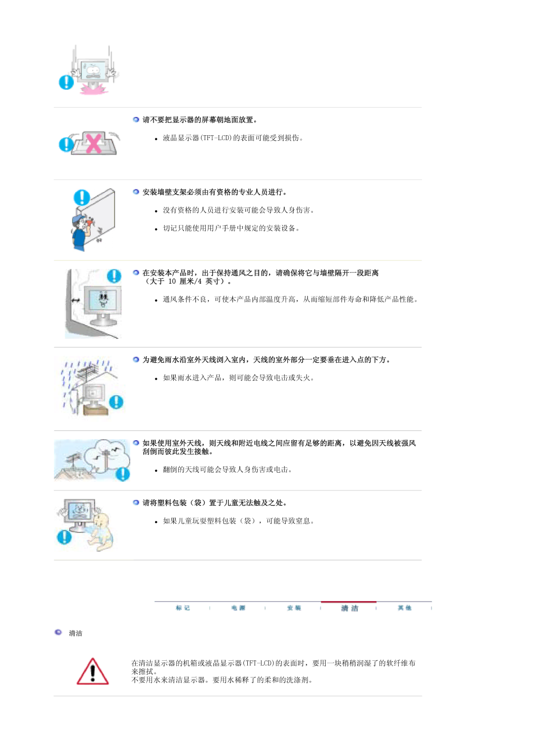 Samsung LS19DOWSS/EDC 请不要把显示器的屏幕朝地面放置。, 安装墙壁支架必须由有资格的专业人员进行。, 为避免雨水沿室外天线浏入室内，天线的室外部分一定要垂在进入点的下方。, 请将塑料包装（袋）置于儿童无法触及之处。 