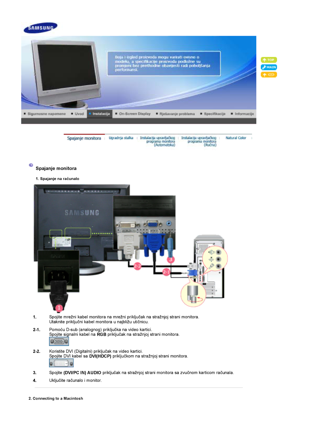 Samsung LS19DOCSS/EDC, LS19DOWSSZ/EDC, LS19DOWSS/EDC manual Spajanje monitora 