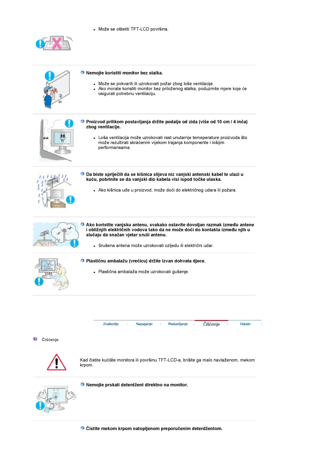 Samsung LS19DOWSS/EDC manual Nemojte koristiti monitor bez stalka, Plastičnu ambalažu vrećicu držite izvan dohvata djece 