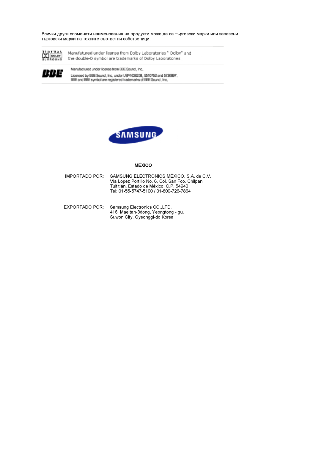 Samsung LS19DOWSSZ/EDC, LS19DOCSS/EDC manual México, IMPORTADO POR SAMSUNG ELECTRONICS MÉXICO. S.A. de C.V 