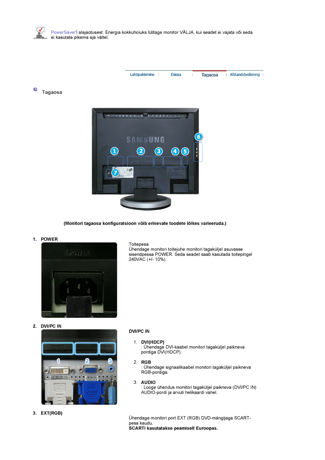 Samsung LS19DOCSS/EDC manual Rgb, SCARTi kasutatakse peamiselt Euroopas 