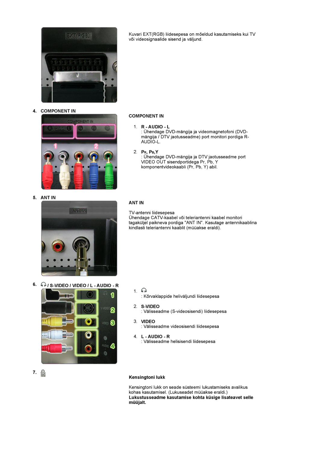 Samsung LS19DOCSS/EDC manual Audio L, Pr, Pb,Y, Video / Video / L Audio R, Kensingtoni lukk 