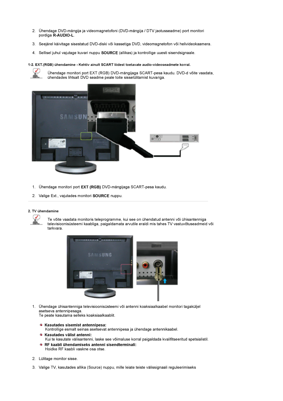 Samsung LS19DOCSS/EDC manual Kasutades sisemist antennipesa, Kasutades välist antenni 