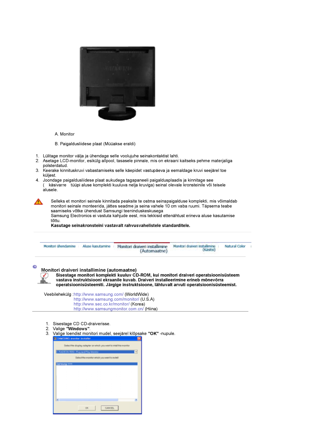 Samsung LS19DOCSS/EDC manual Monitori draiveri installimine automaatne, Valige Windows 