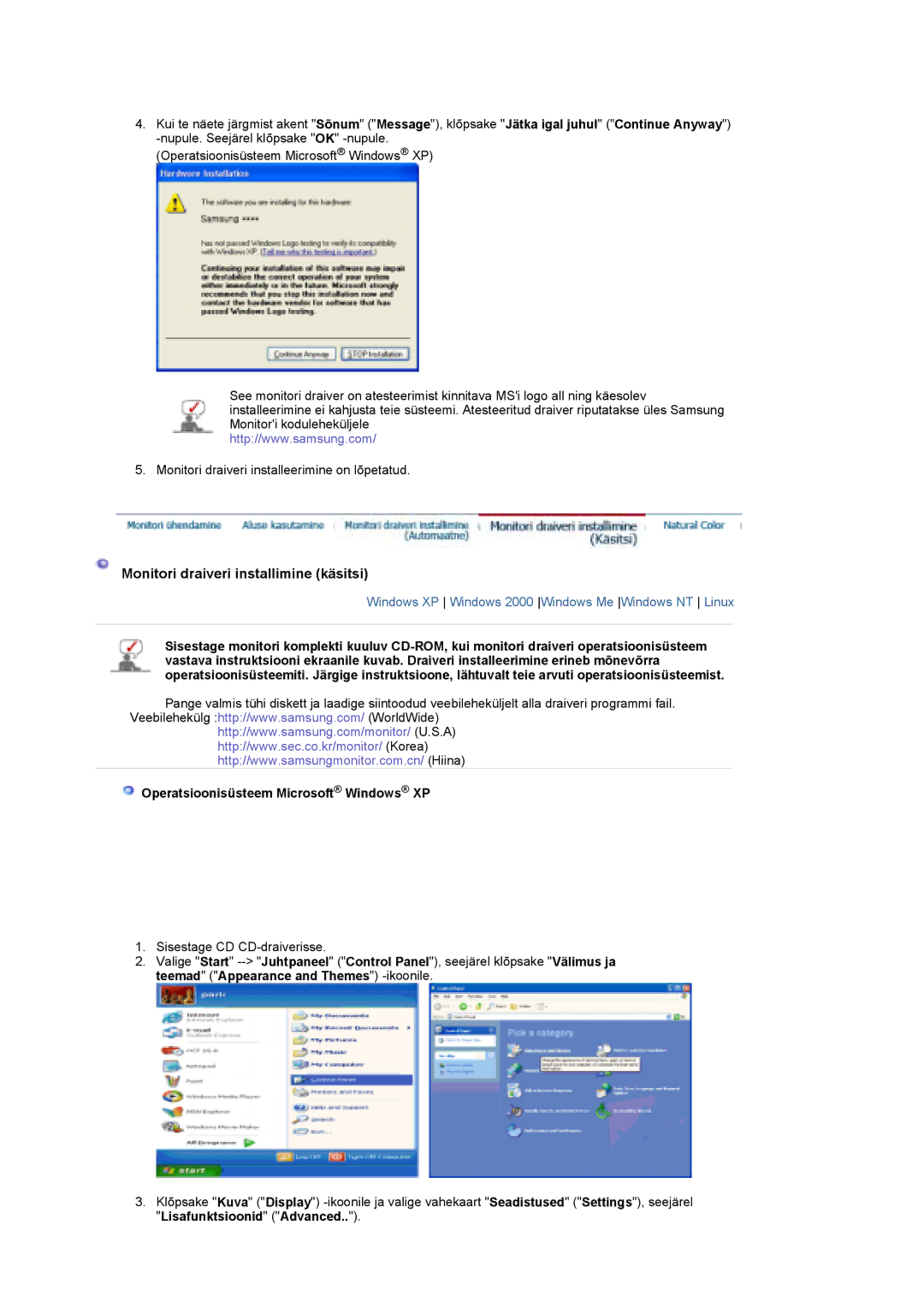 Samsung LS19DOCSS/EDC manual Monitori draiveri installimine käsitsi, Operatsioonisüsteem Microsoft Windows XP 