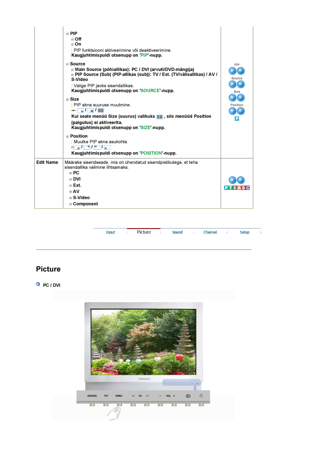 Samsung LS19DOCSS/EDC Off, Kaugjuhtimispuldi otsenupp on SOURCE-nupp Size, Kaugjuhtimispuldi otsenupp on POSITION-nupp 