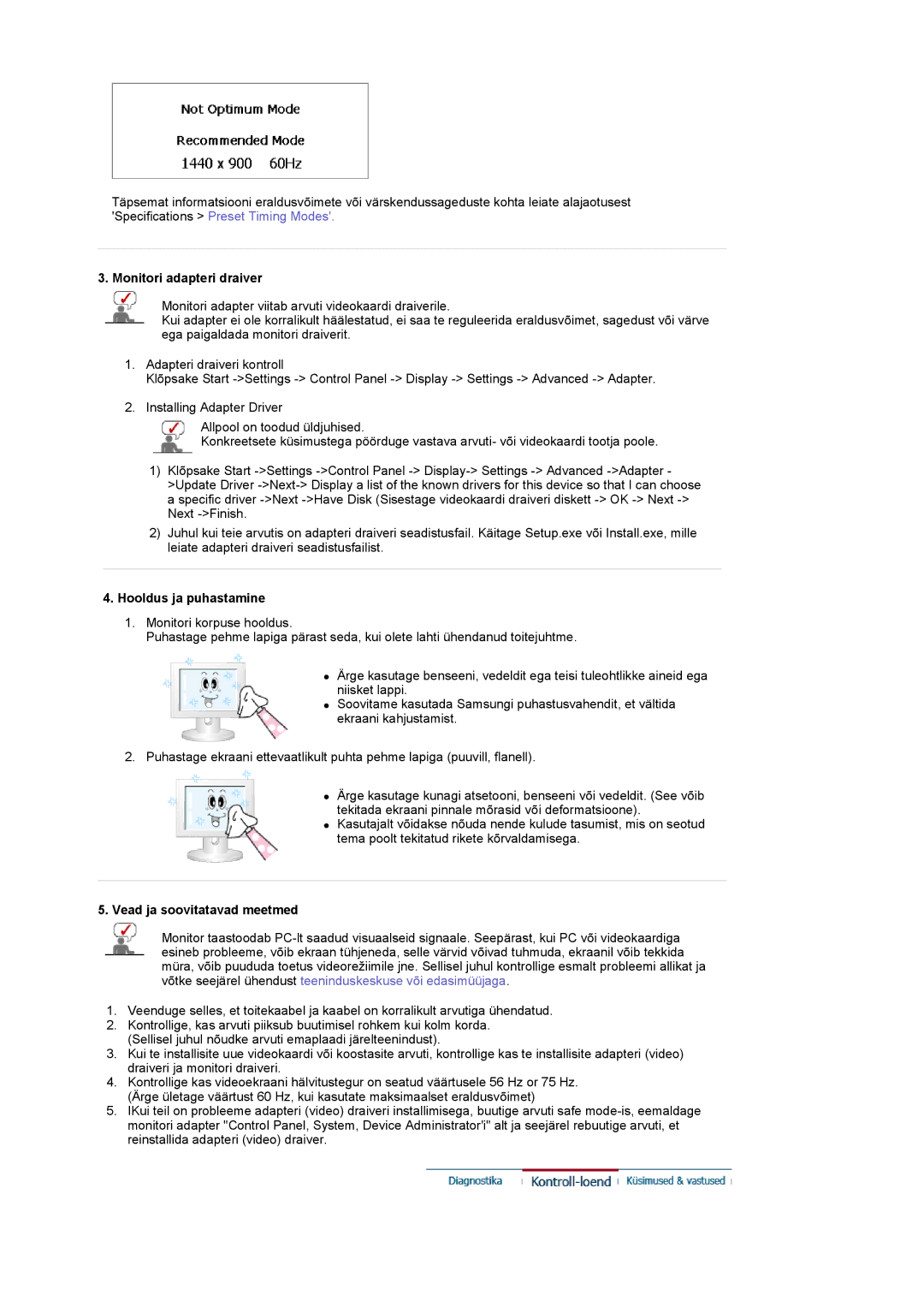 Samsung LS19DOCSS/EDC manual Monitori adapteri draiver, Hooldus ja puhastamine, Vead ja soovitatavad meetmed 