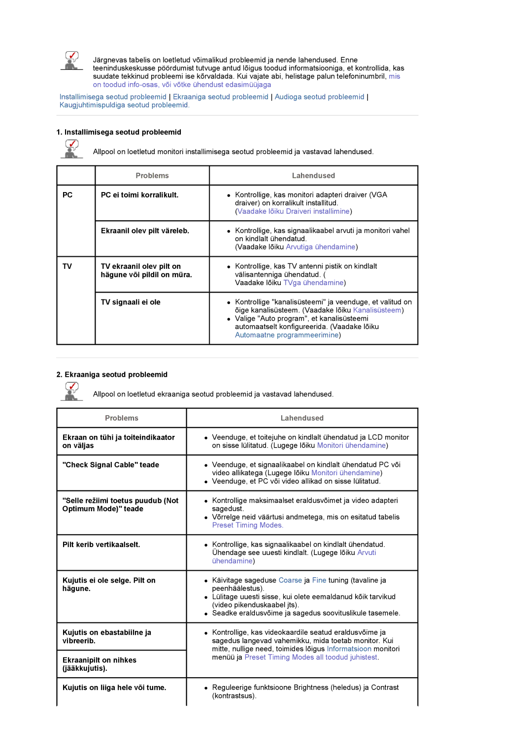 Samsung LS19DOCSS/EDC manual Problems Lahendused 