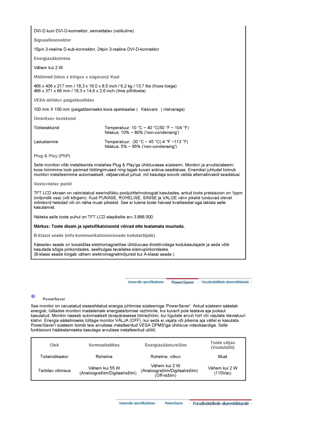 Samsung LS19DOCSS/EDC Signaalikonnektor, Energiasäästmine, Mõõtmed laius x kõrgus x sügavus/ Kaal, Ümbritsev keskkond 