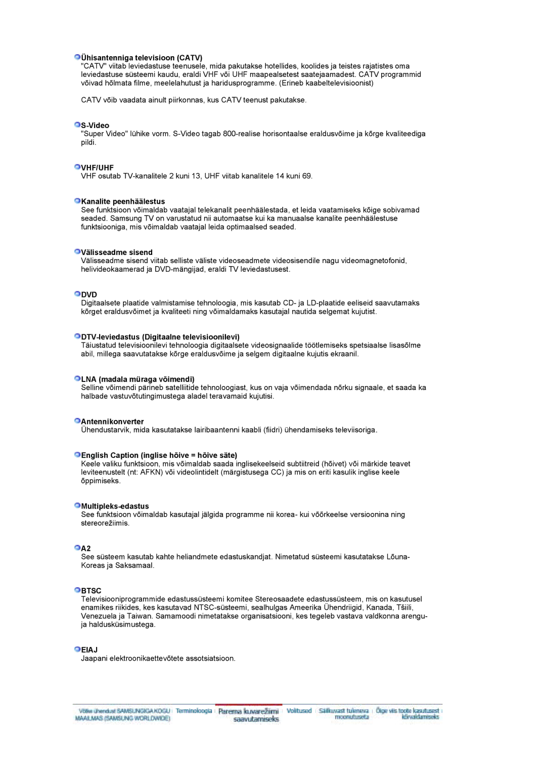 Samsung LS19DOCSS/EDC manual Ühisantenniga televisioon Catv, Kanalite peenhäälestus, Välisseadme sisend, Antennikonverter 