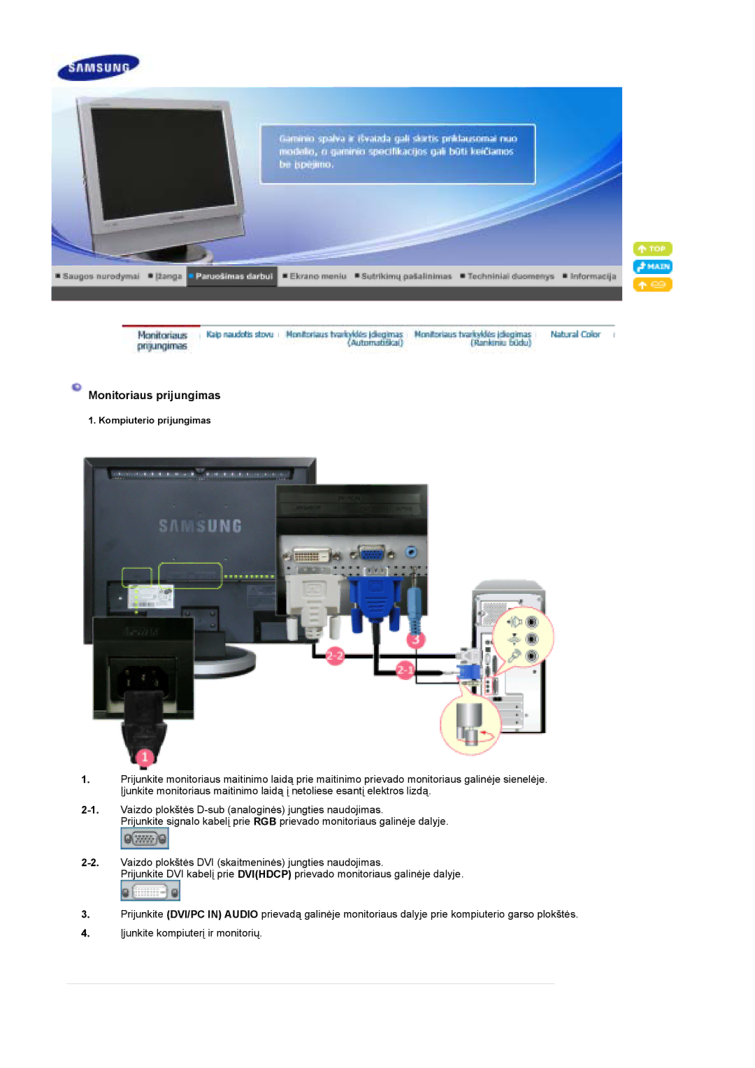 Samsung LS19DOCSS/EDC manual Monitoriaus prijungimas 