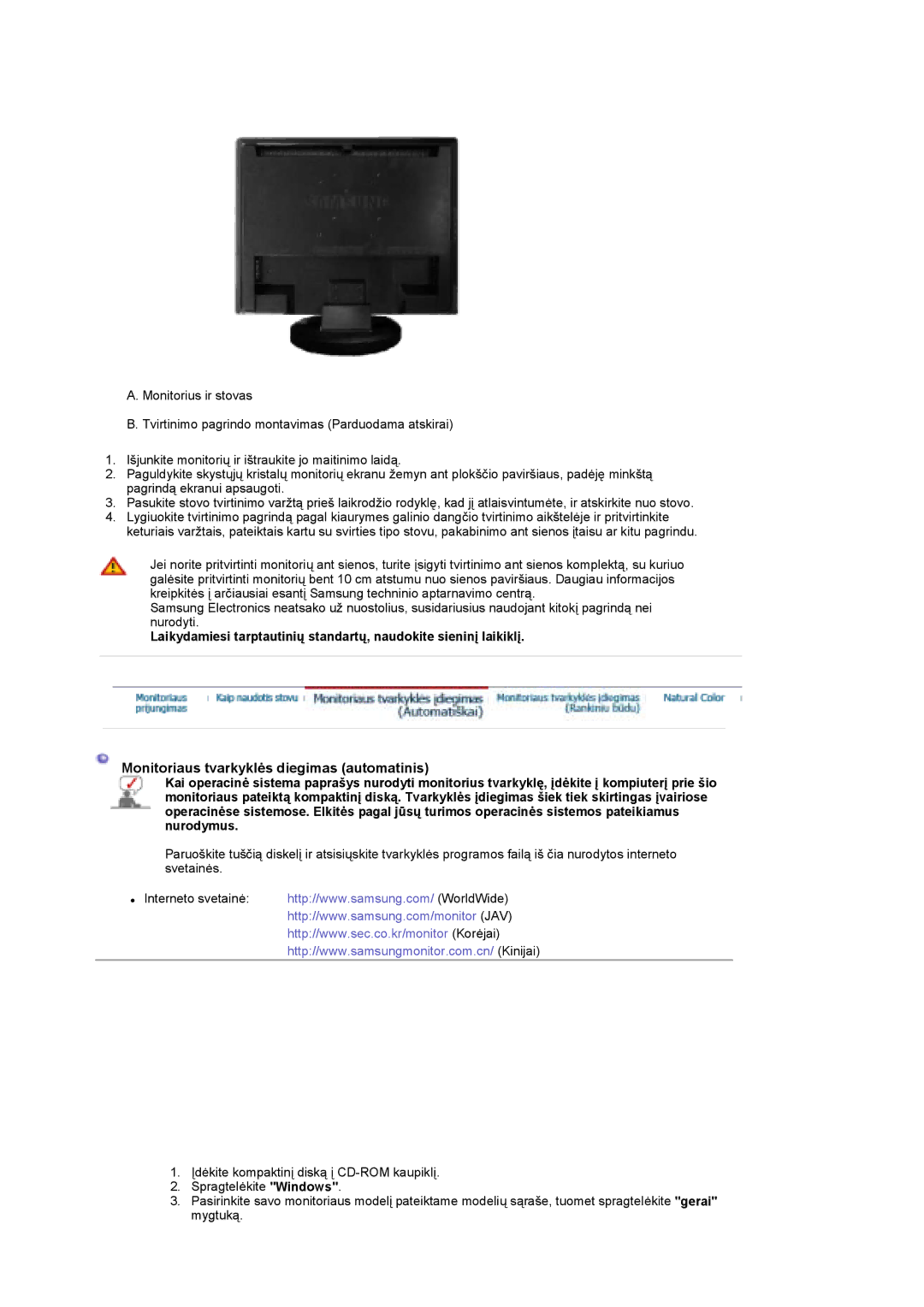 Samsung LS19DOCSS/EDC manual Monitoriaus tvarkyklės diegimas automatinis 