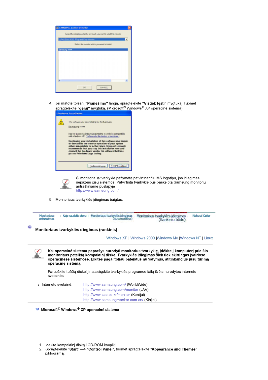 Samsung LS19DOCSS/EDC manual Monitoriaus tvarkyklės diegimas rankinis, Microsoft Windows XP operacinė sistema 