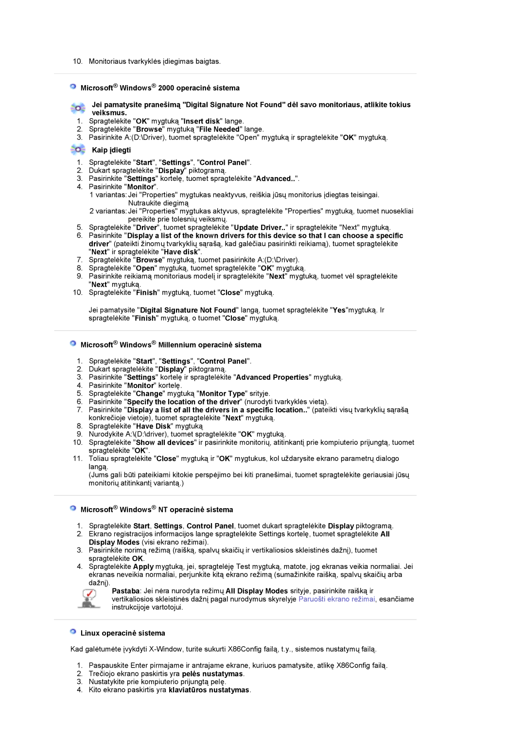 Samsung LS19DOCSS/EDC Kaip įdiegti Spragtelėkite Start, Settings, Control Panel, Microsoft Windows NT operacinė sistema 