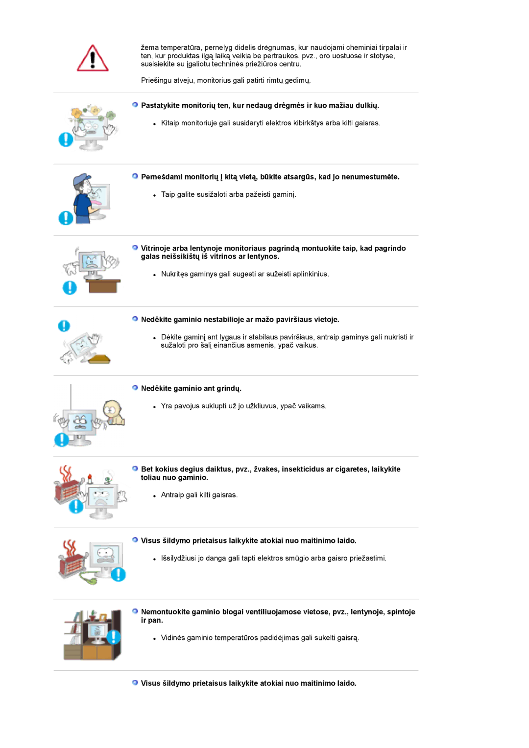 Samsung LS19DOCSS/EDC manual Nedėkite gaminio nestabilioje ar mažo paviršiaus vietoje, Nedėkite gaminio ant grindų 