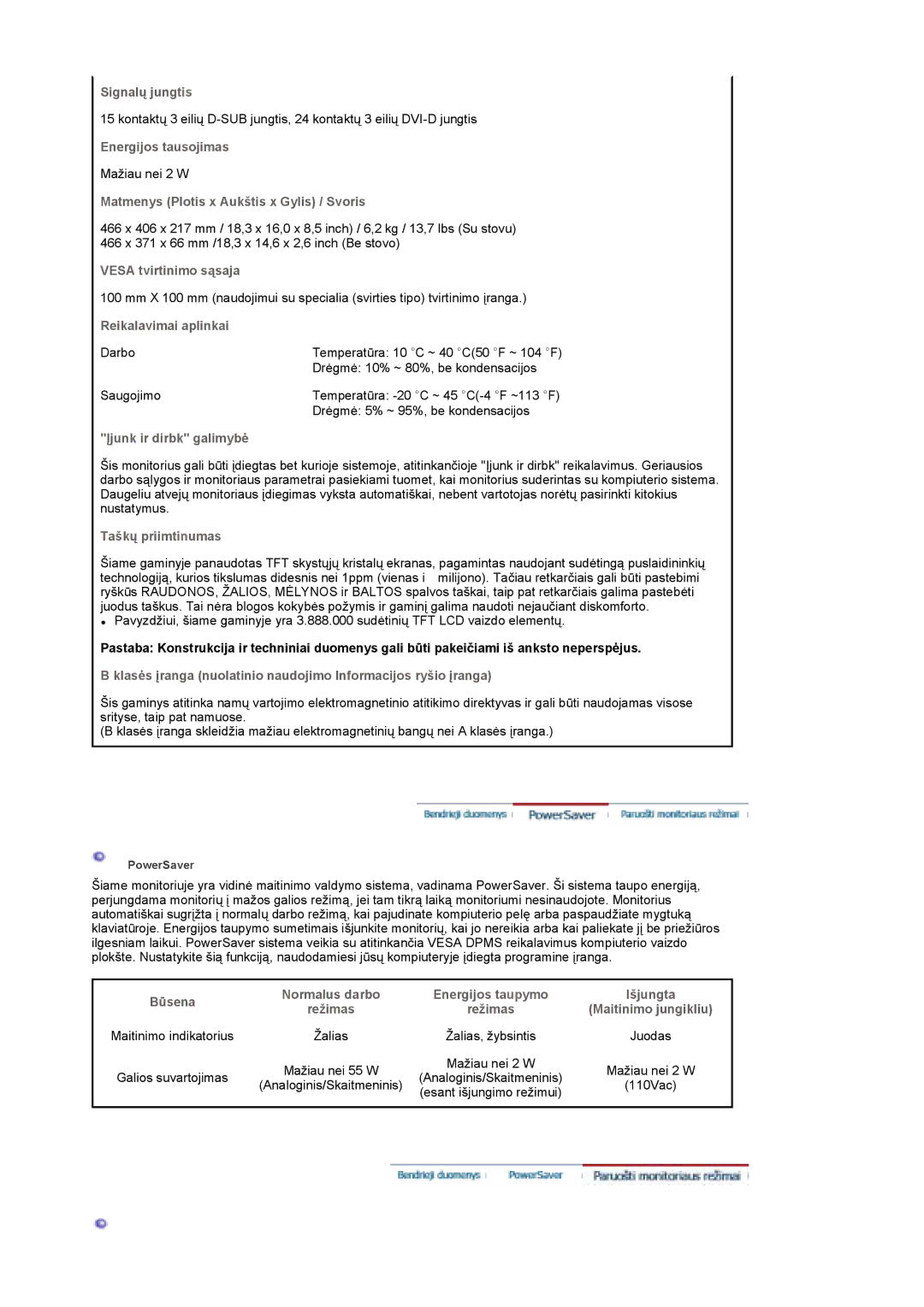 Samsung LS19DOCSS/EDC manual Signalų jungtis, Energijos tausojimas, Matmenys Plotis x Aukštis x Gylis / Svoris 