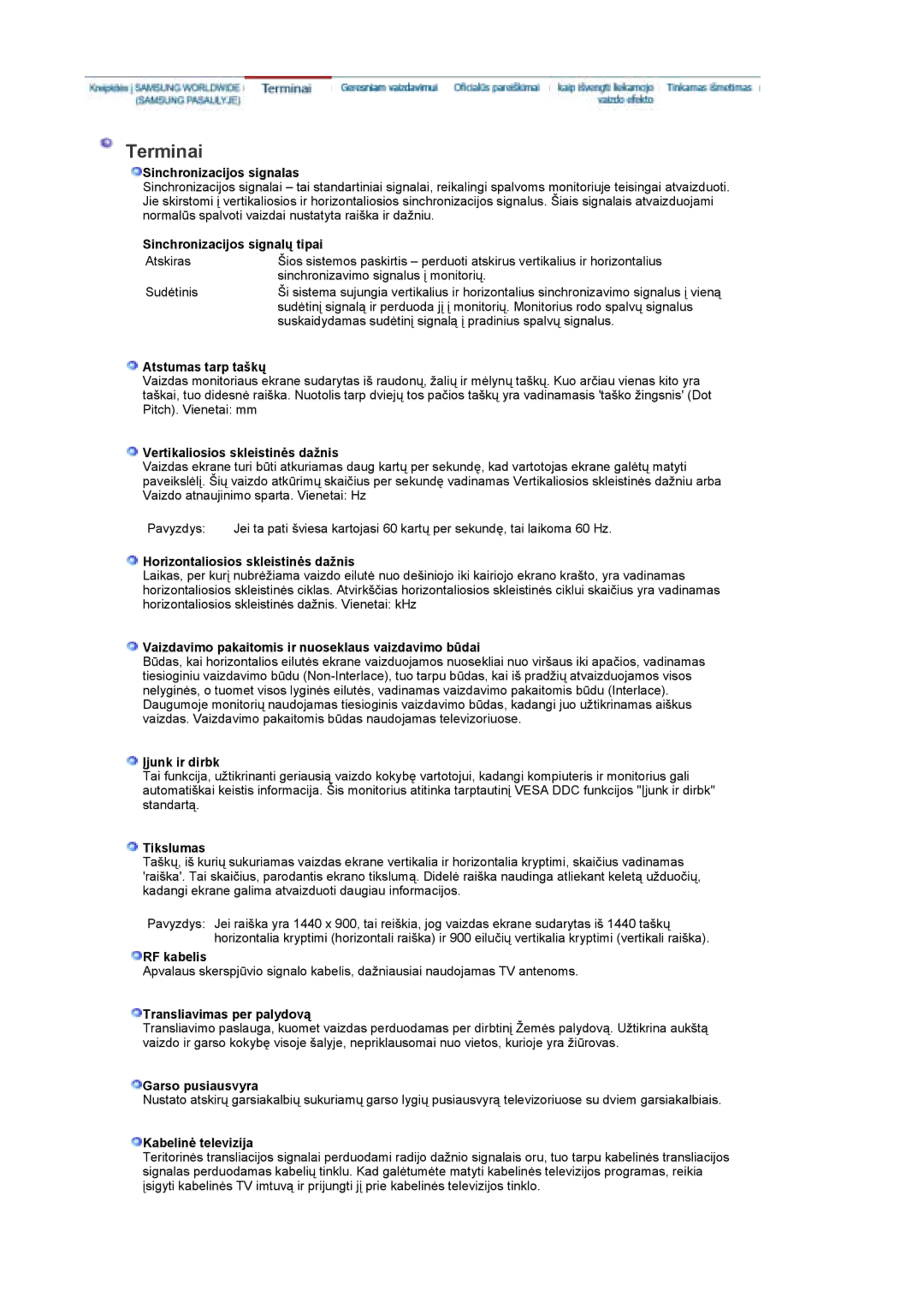 Samsung LS19DOCSS/EDC manual Sinchronizacijos signalas, Sinchronizacijos signalų tipai, Atstumas tarp taškų, Įjunk ir dirbk 