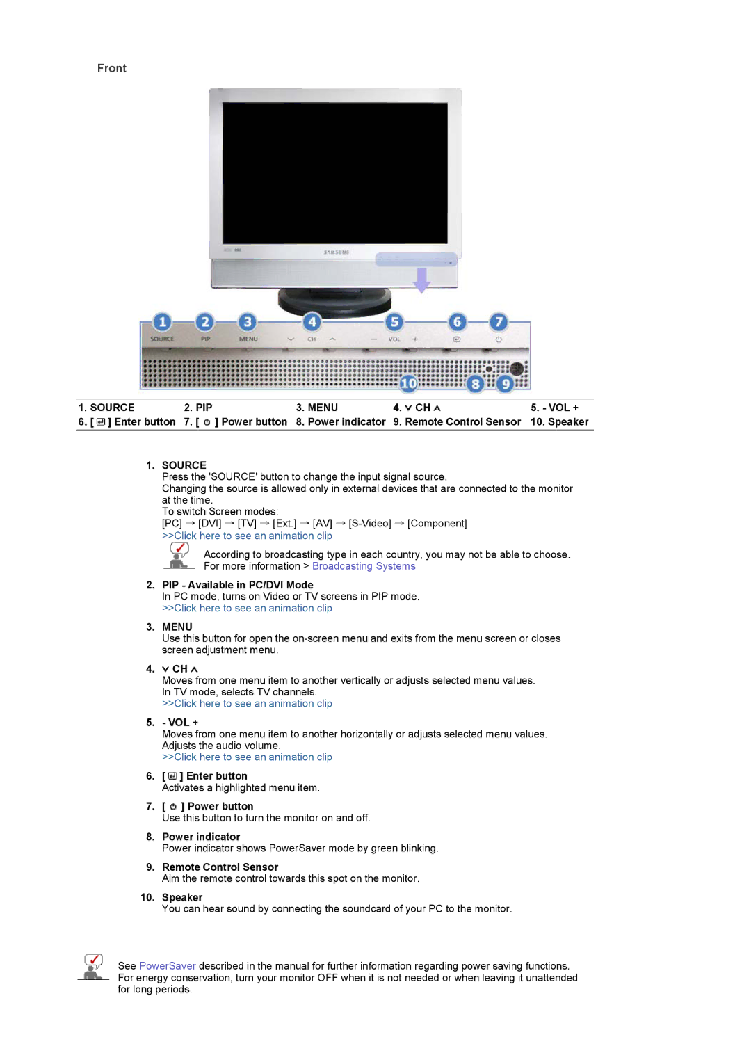 Samsung LS19DOCSSK/EDC, LS19DOCSSK/XSA manual Front, Source, Menu 