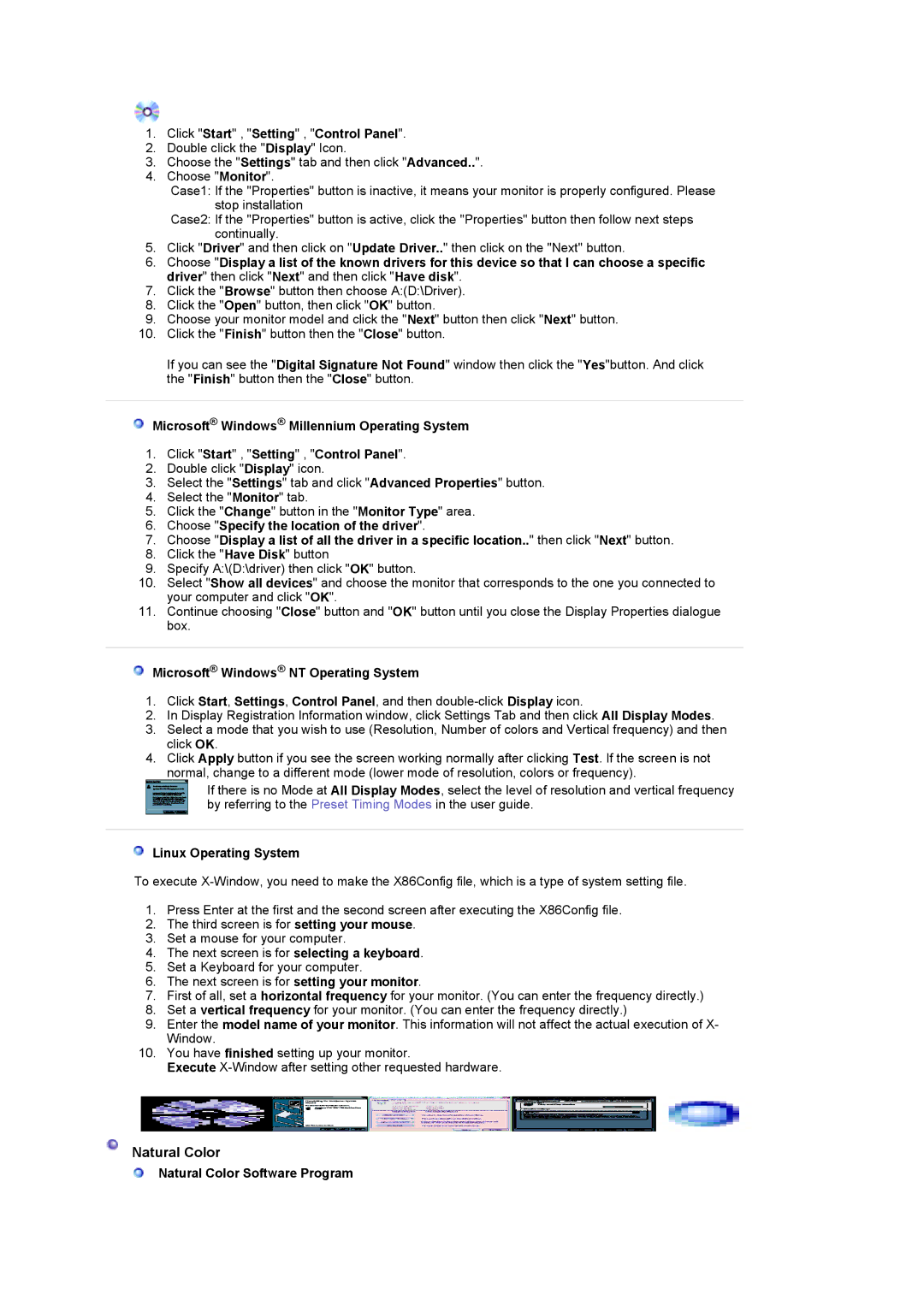 Samsung LS19DOCSSK/XSA manual Natural Color, Click Start , Setting , Control Panel, Microsoft Windows NT Operating System 