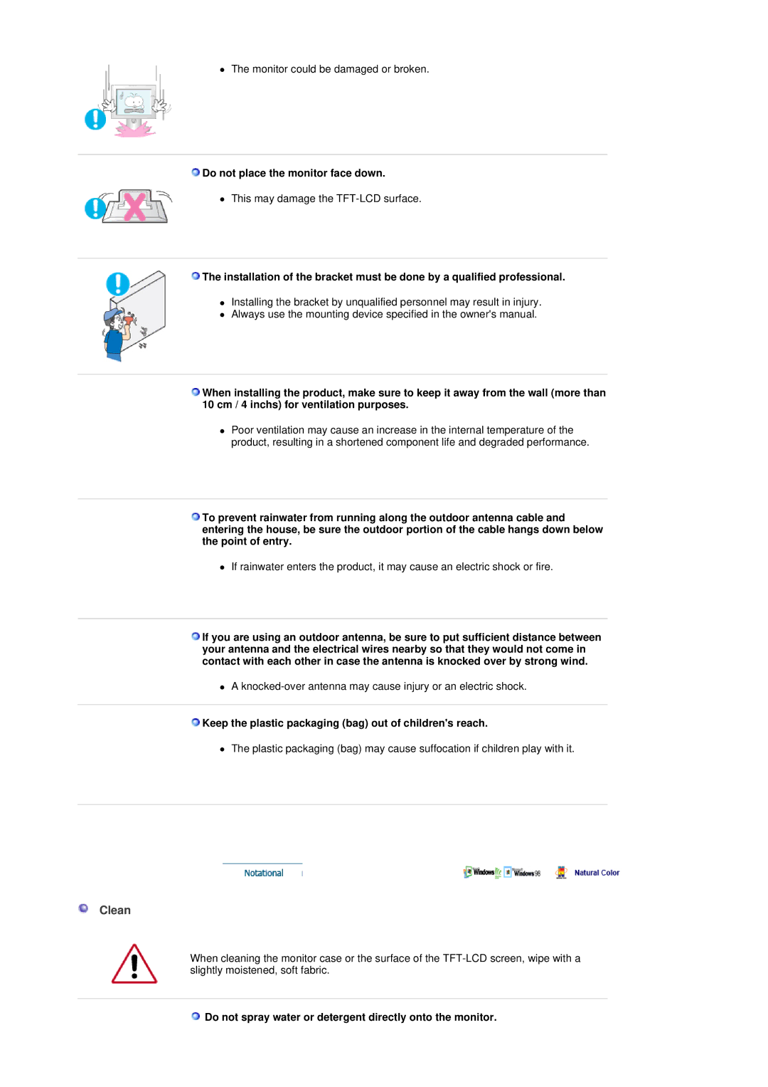 Samsung LS19DOCSSK/XSA Clean, Do not place the monitor face down, Keep the plastic packaging bag out of childrens reach 