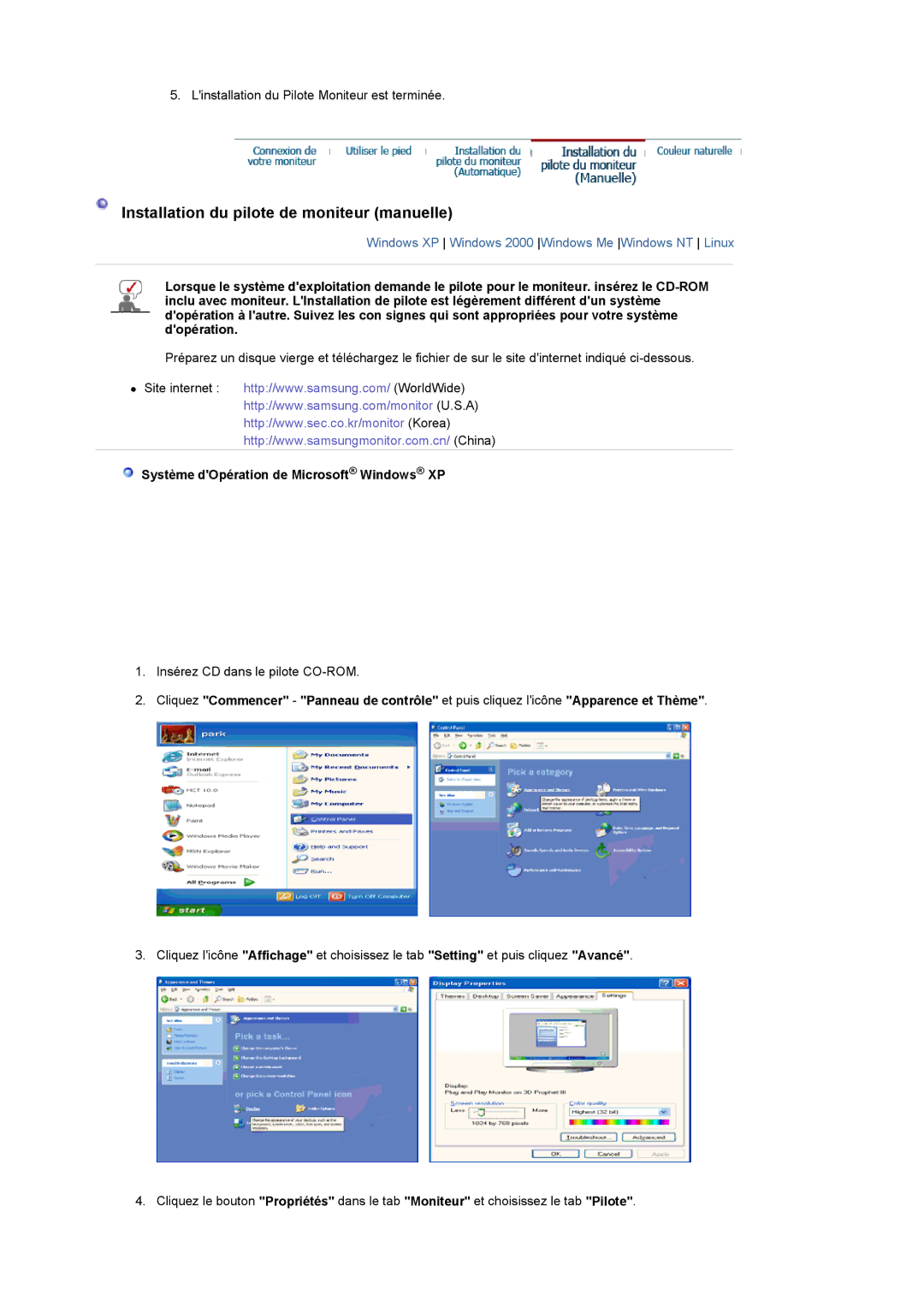 Samsung LS19DOCSSK/EDC manual Installation du pilote de moniteur manuelle, Système dOpération de Microsoft Windows XP 