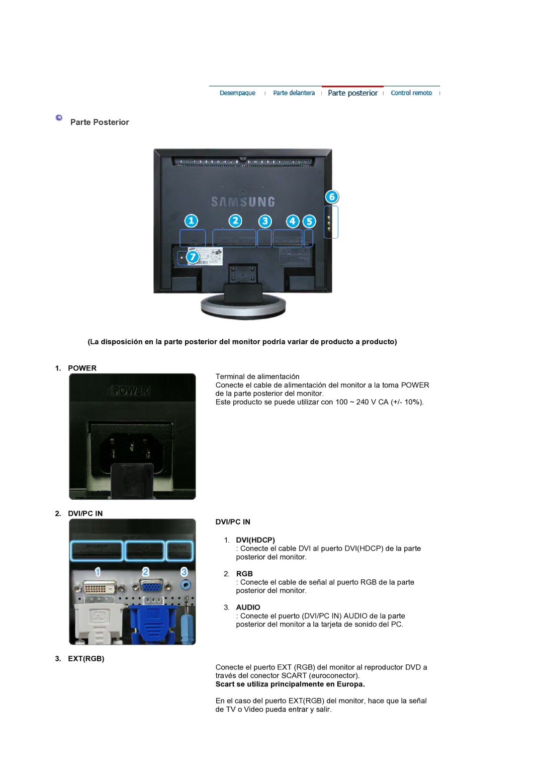 Samsung LS19DOCSSK/EDC manual Parte Posterior, Power, DVI/PC Dvihdcp, Audio, Extrgb 