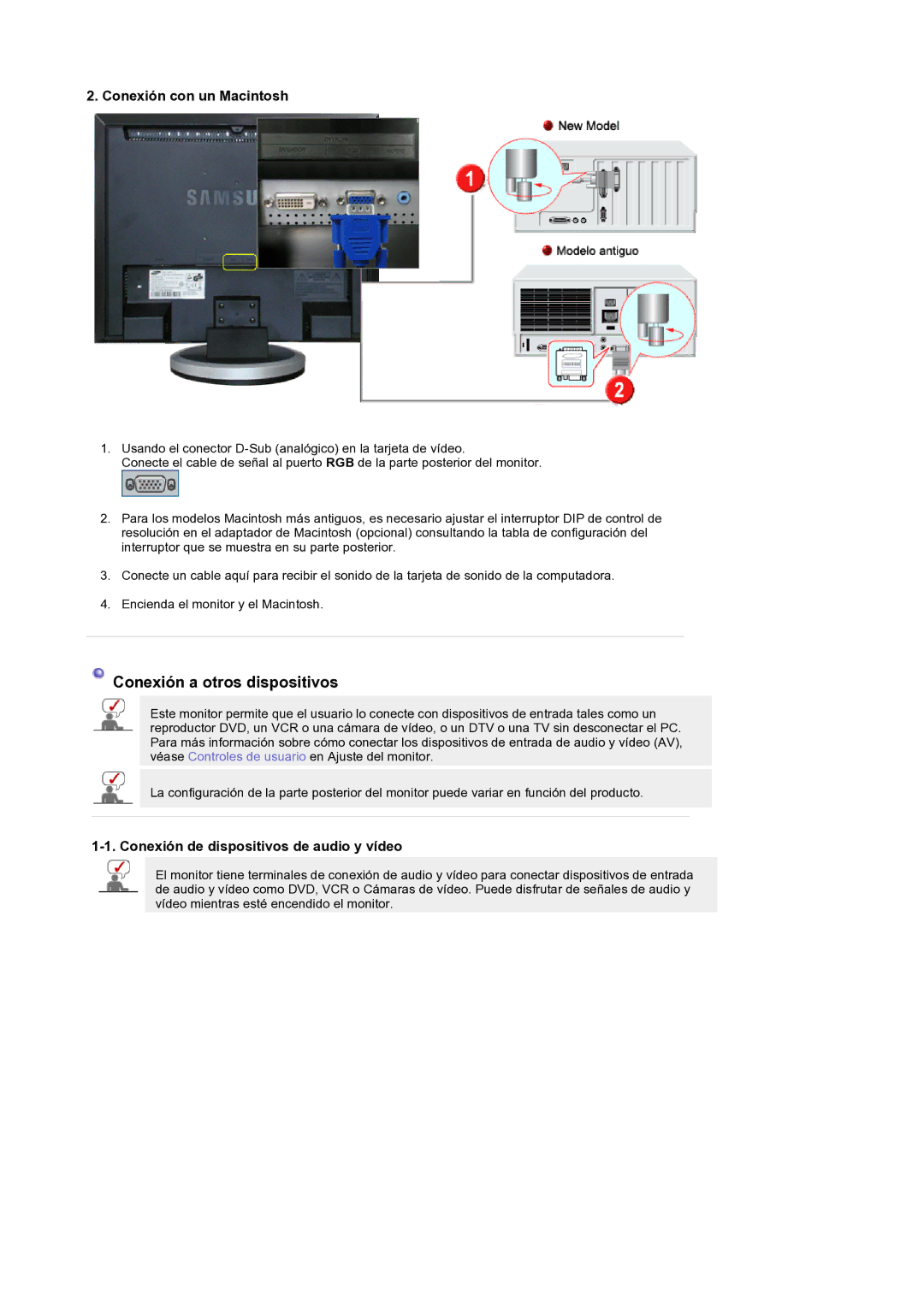 Samsung LS19DOCSSK/EDC manual Conexión con un Macintosh, Conexión de dispositivos de audio y vídeo 