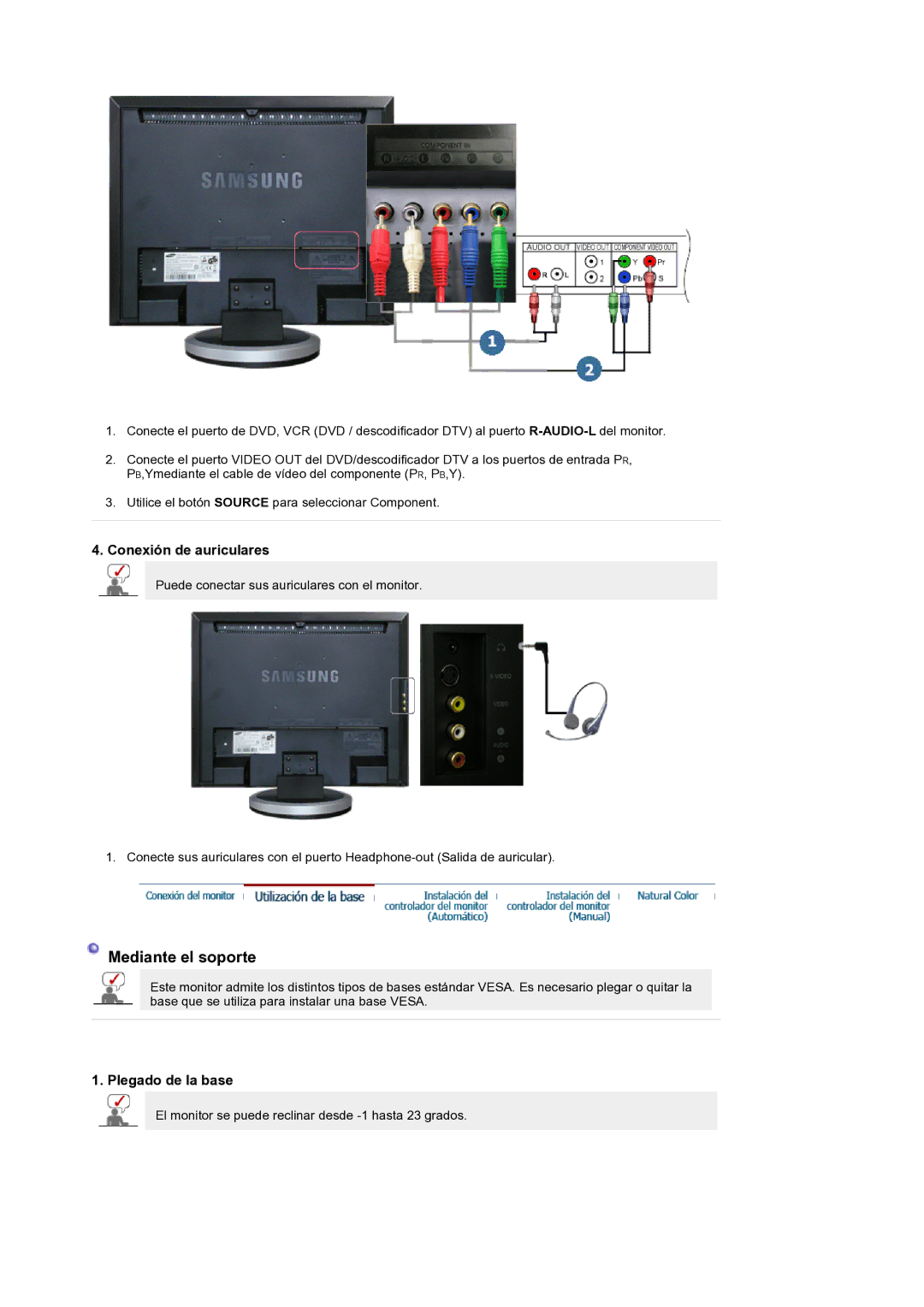 Samsung LS19DOCSSK/EDC manual Conexión de auriculares, Plegado de la base 