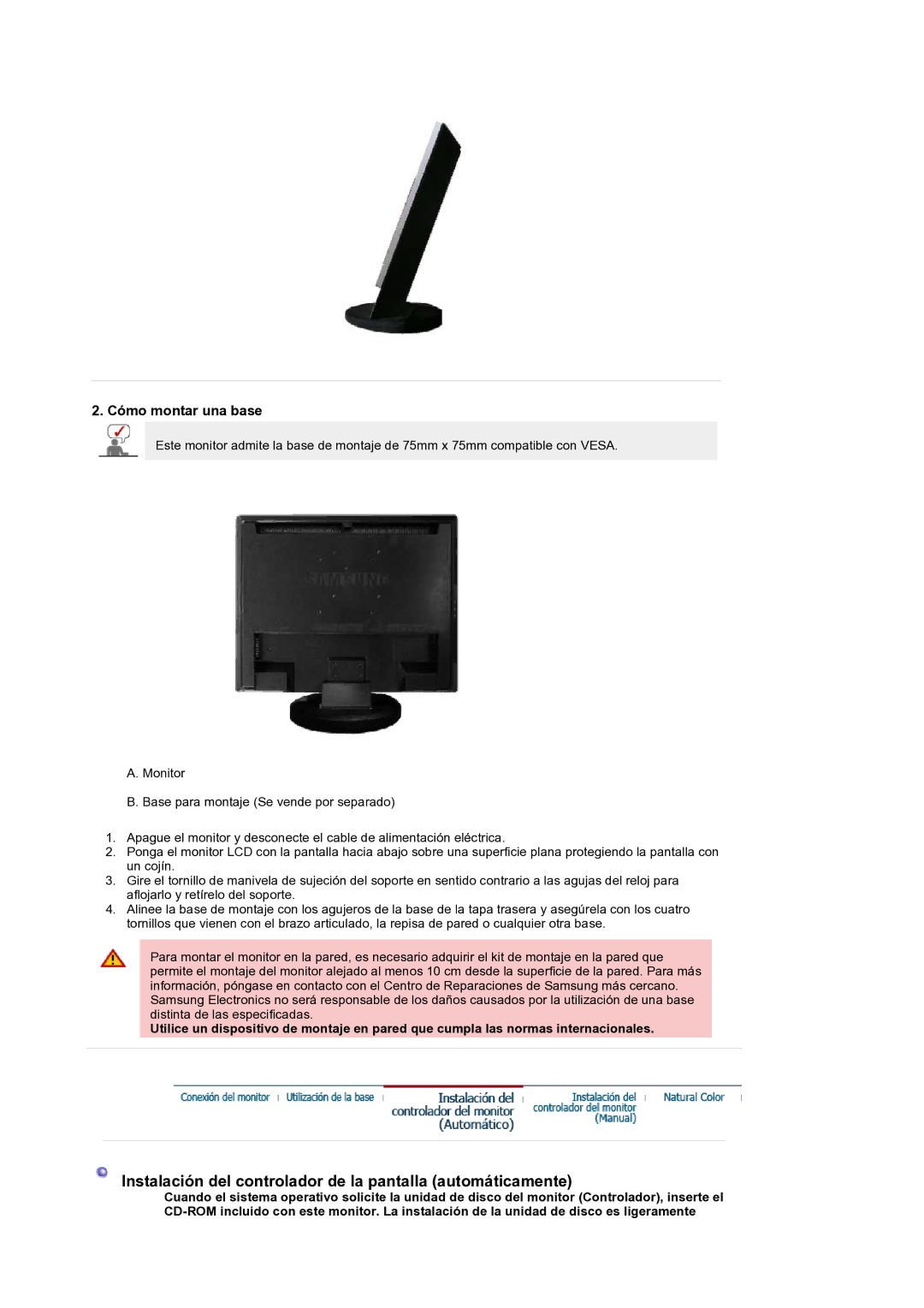 Samsung LS19DOCSSK/EDC manual Instalación del controlador de la pantalla automáticamente, Cómo montar una base 