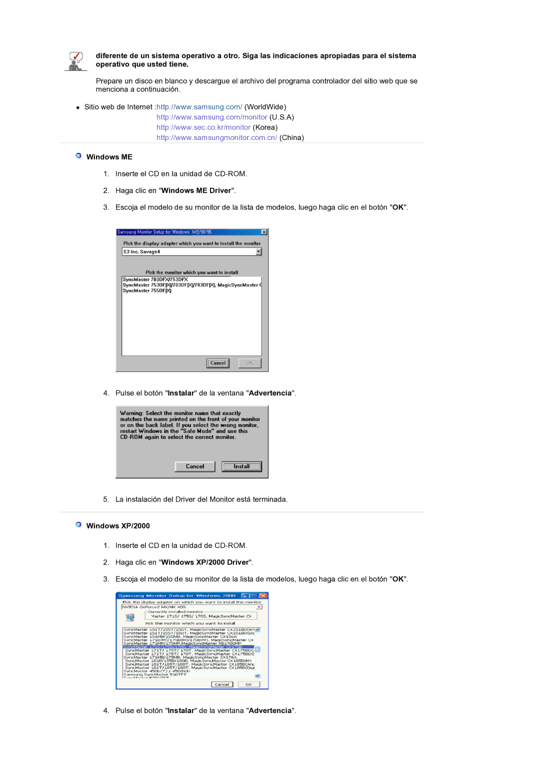 Samsung LS19DOCSSK/EDC manual Haga clic en Windows ME Driver, Haga clic en Windows XP/2000 Driver 