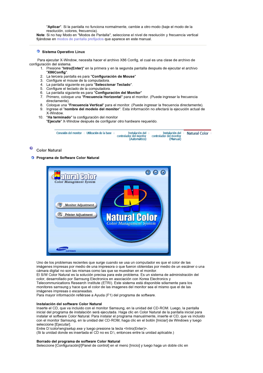 Samsung LS19DOCSSK/EDC manual Sistema Operativo Linux, Programa de Software Color Natural 