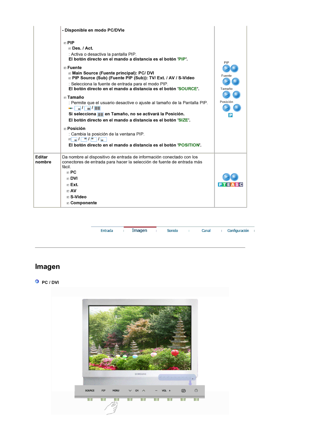 Samsung LS19DOCSSK/EDC manual Disponible en modo PC/DVIe, Des. / Act, Ext Vídeo Componente, Pc / Dvi 