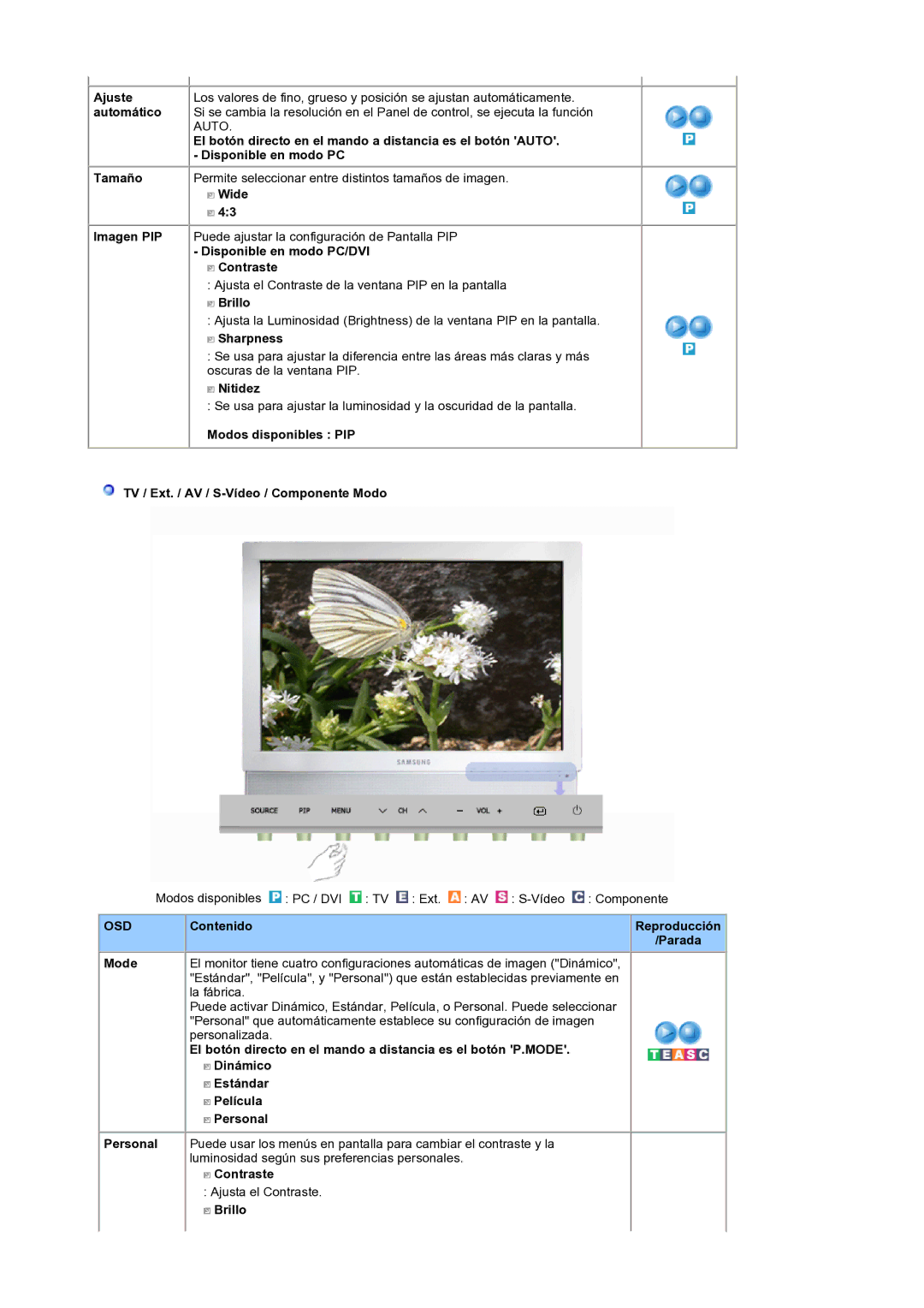 Samsung LS19DOCSSK/EDC El botón directo en el mando a distancia es el botón Auto, Disponible en modo PC/DVI Contraste 