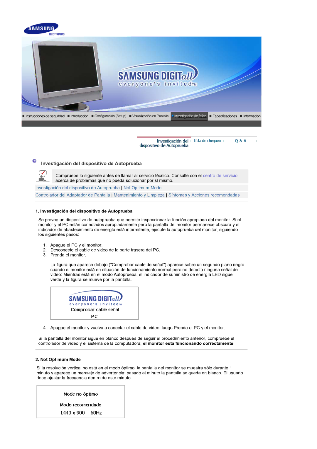 Samsung LS19DOCSSK/EDC manual Investigación del dispositivo de Autoprueba, Not Optimum Mode 