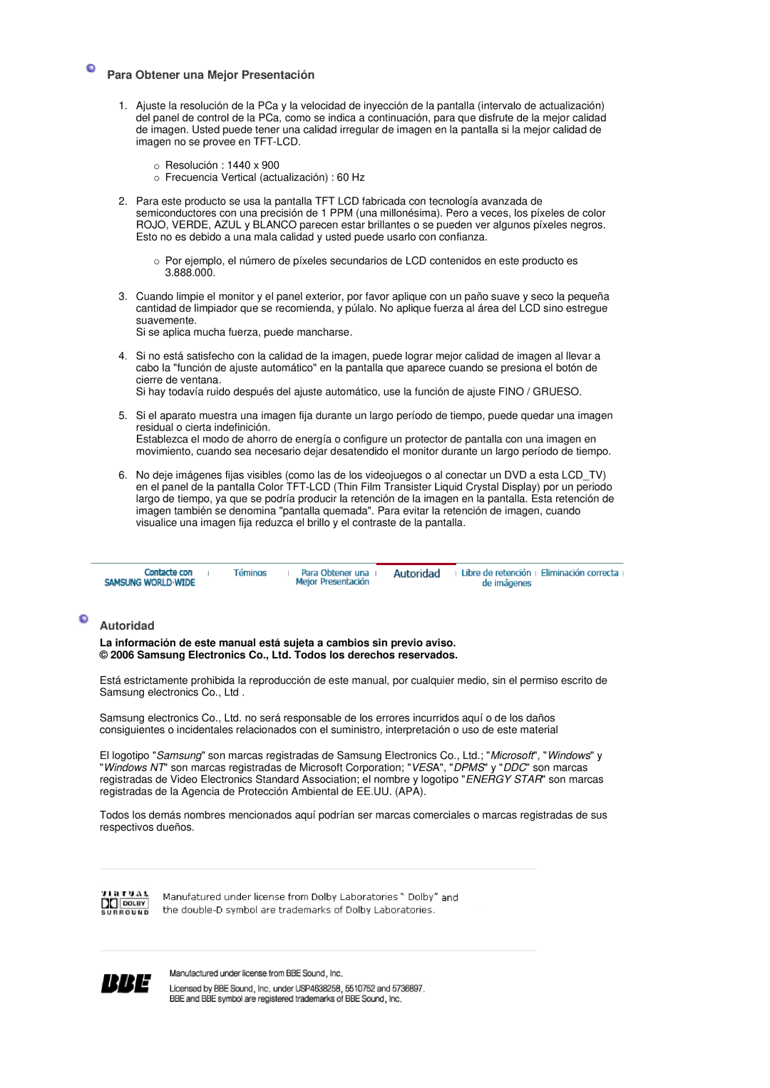 Samsung LS19DOCSSK/EDC manual Para Obtener una Mejor Presentación, Autoridad 