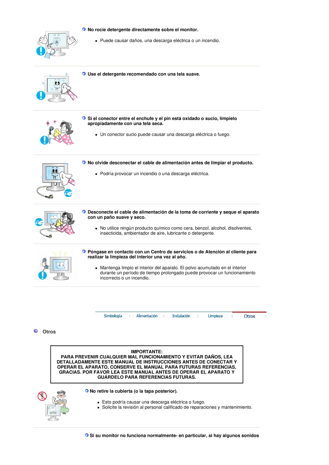 Samsung LS19DOCSSK/EDC Otros, No rocíe detergente directamente sobre el monitor, No retire la cubierta o la tapa posterior 