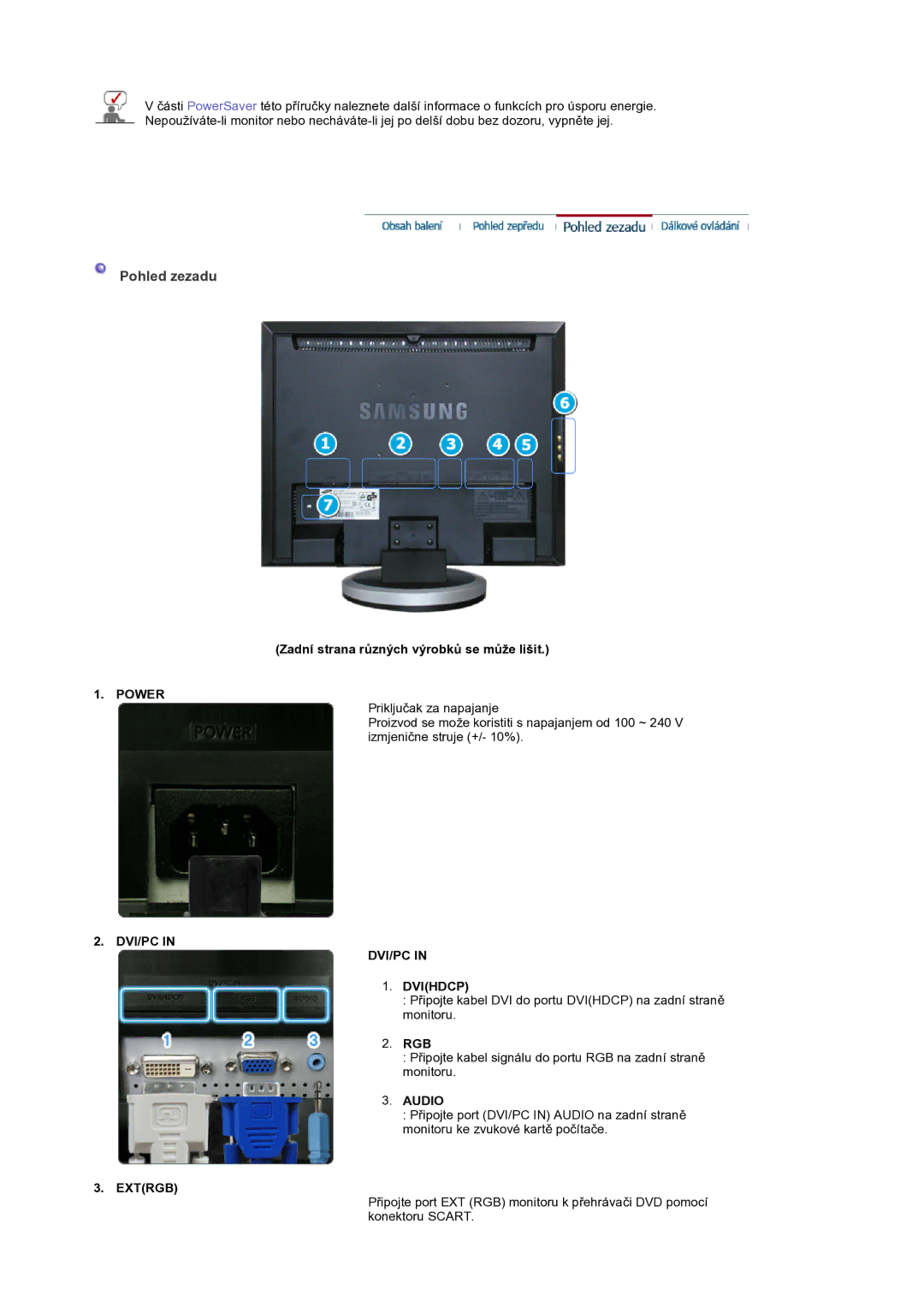 Samsung LS19DOCSSK/EDC manual Pohled zezadu, Power, DVI/PC Dvihdcp, Audio, Extrgb 