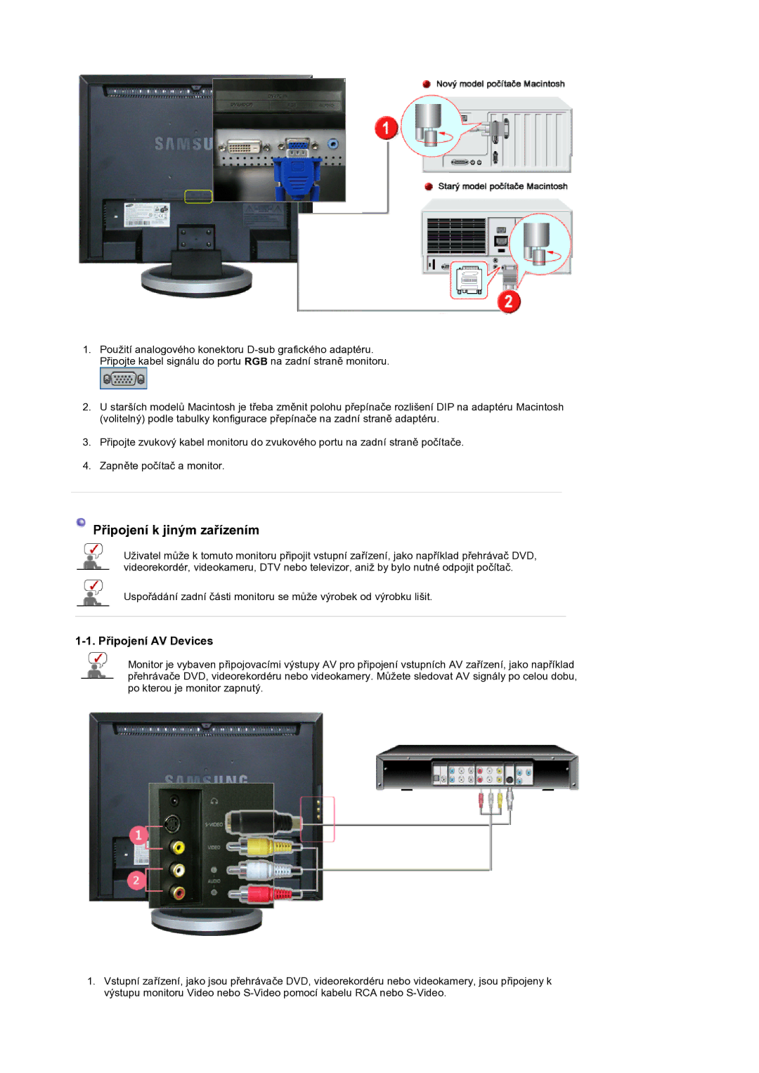 Samsung LS19DOCSSK/EDC manual PĜipojení k jiným zaĜízením, PĜipojení AV Devices 