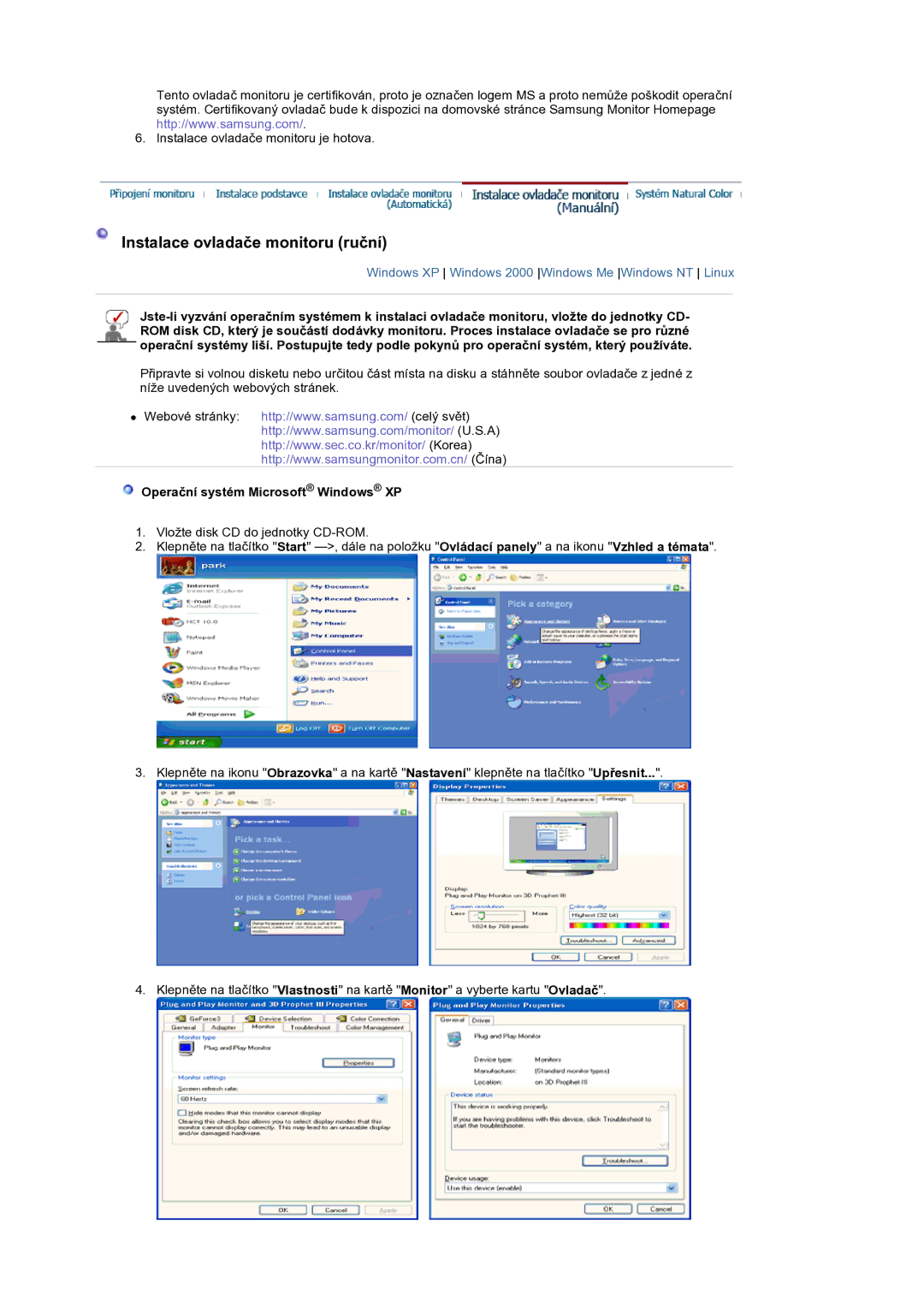 Samsung LS19DOCSSK/EDC manual Instalace ovladaþe monitoru ruþní, Operaþní systém Microsoft Windows XP 