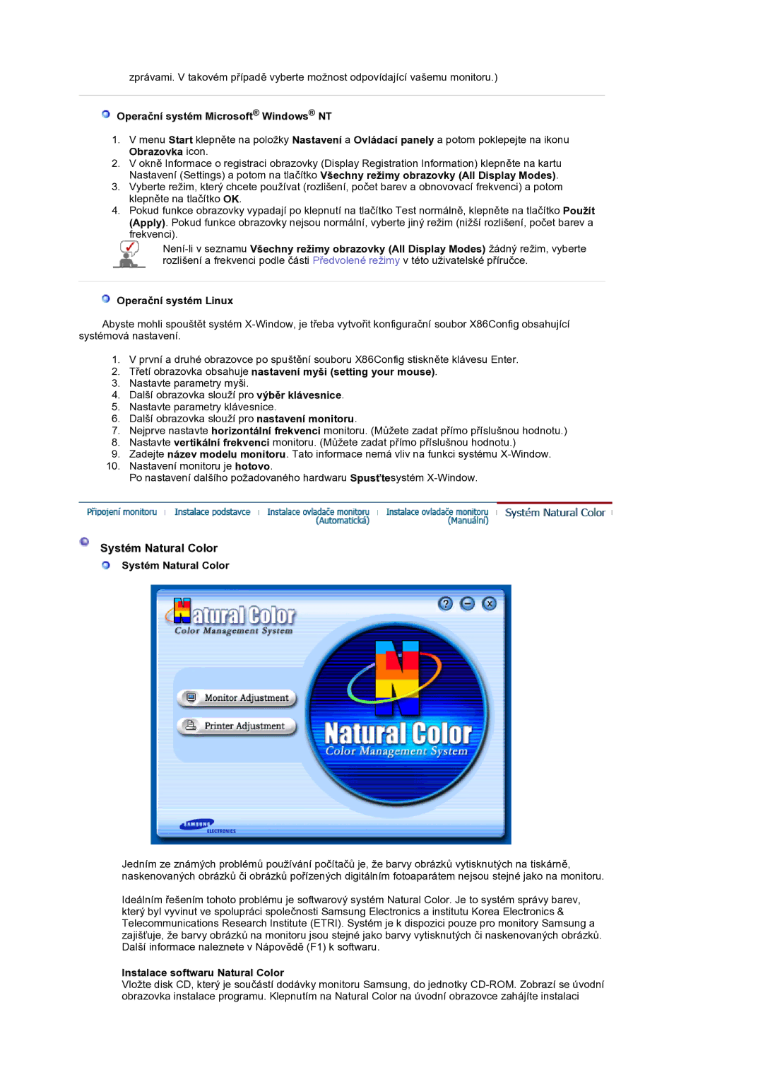 Samsung LS19DOCSSK/EDC manual Systém Natural Color, Operaþní systém Microsoft Windows NT, Instalace softwaru Natural Color 