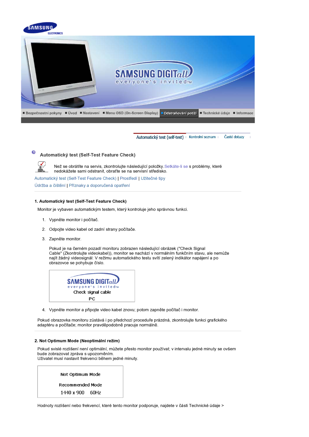 Samsung LS19DOCSSK/EDC manual Automatický test Self-Test Feature Check, Not Optimum Mode Neoptimální režim 