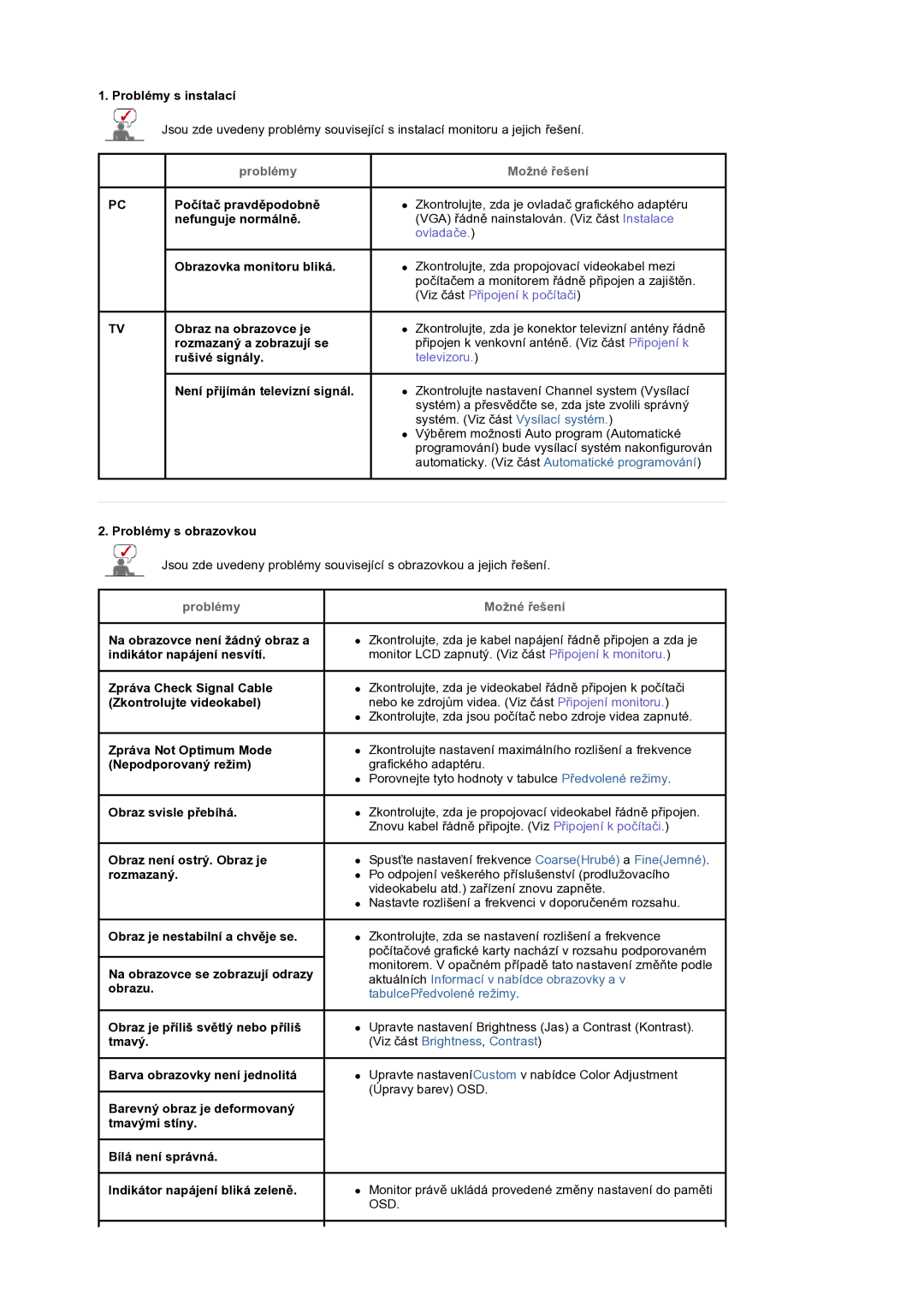 Samsung LS19DOCSSK/EDC manual Problémy s instalací, Nefunguje normálnČ, Možné Ĝešení, Problémy s obrazovkou 