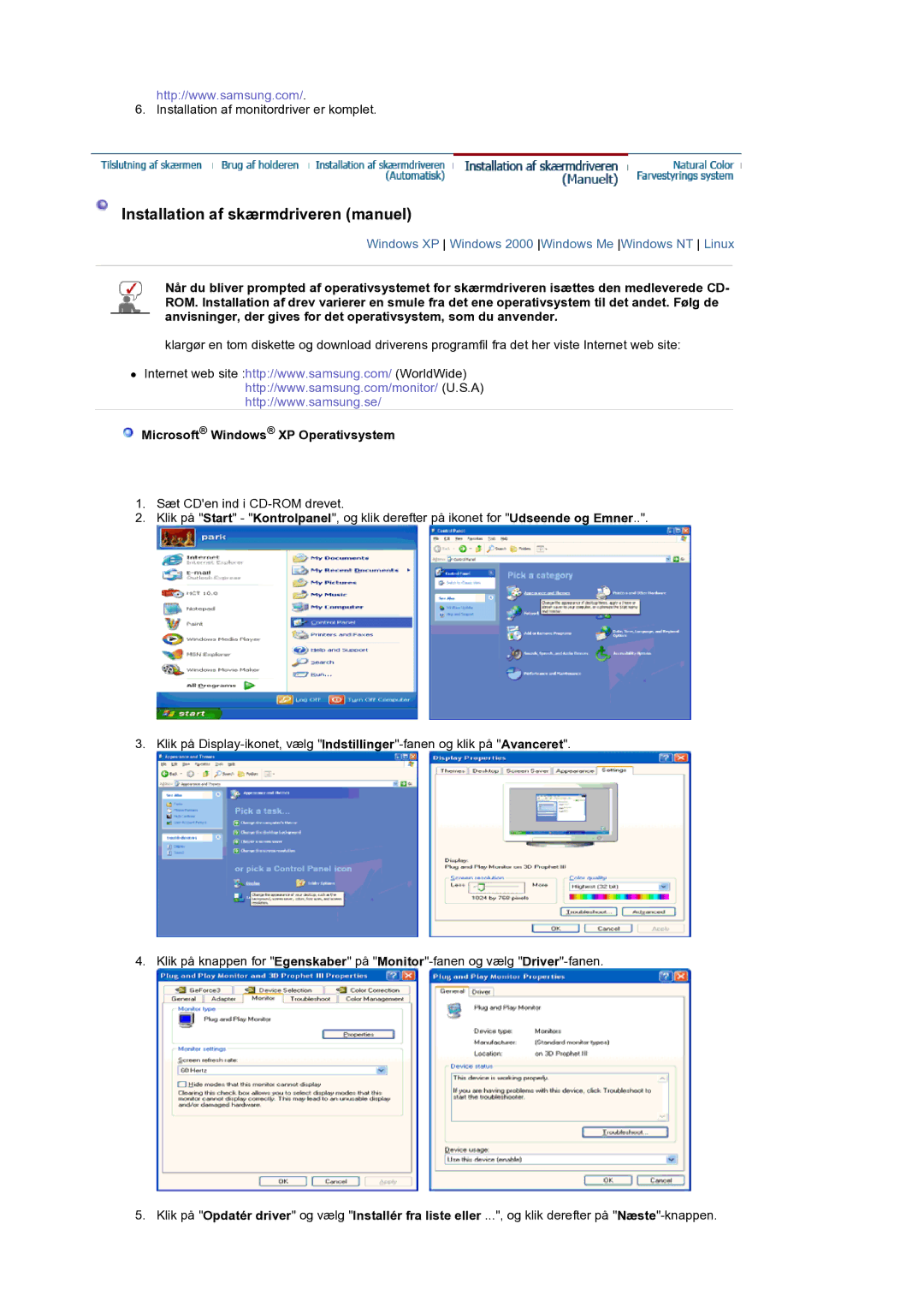 Samsung LS19DOCSSK/EDC manual Installation af skærmdriveren manuel, Microsoft Windows XP Operativsystem 