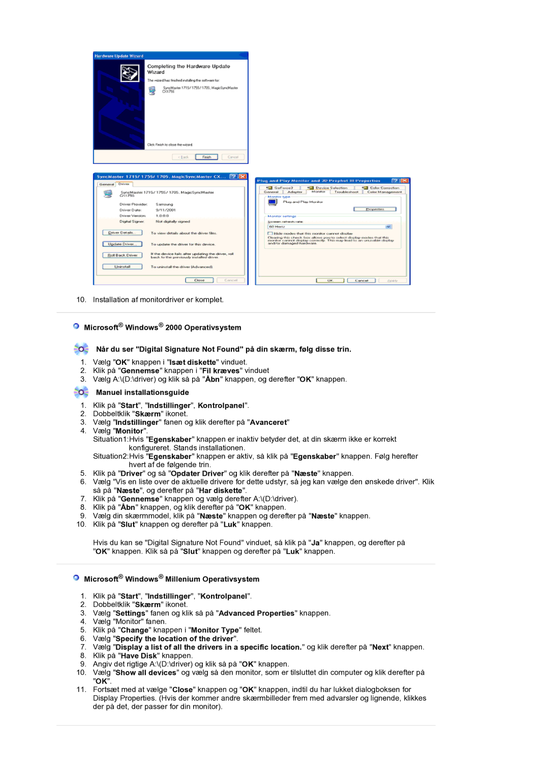 Samsung LS19DOCSSK/EDC manual Installation af monitordriver er komplet 