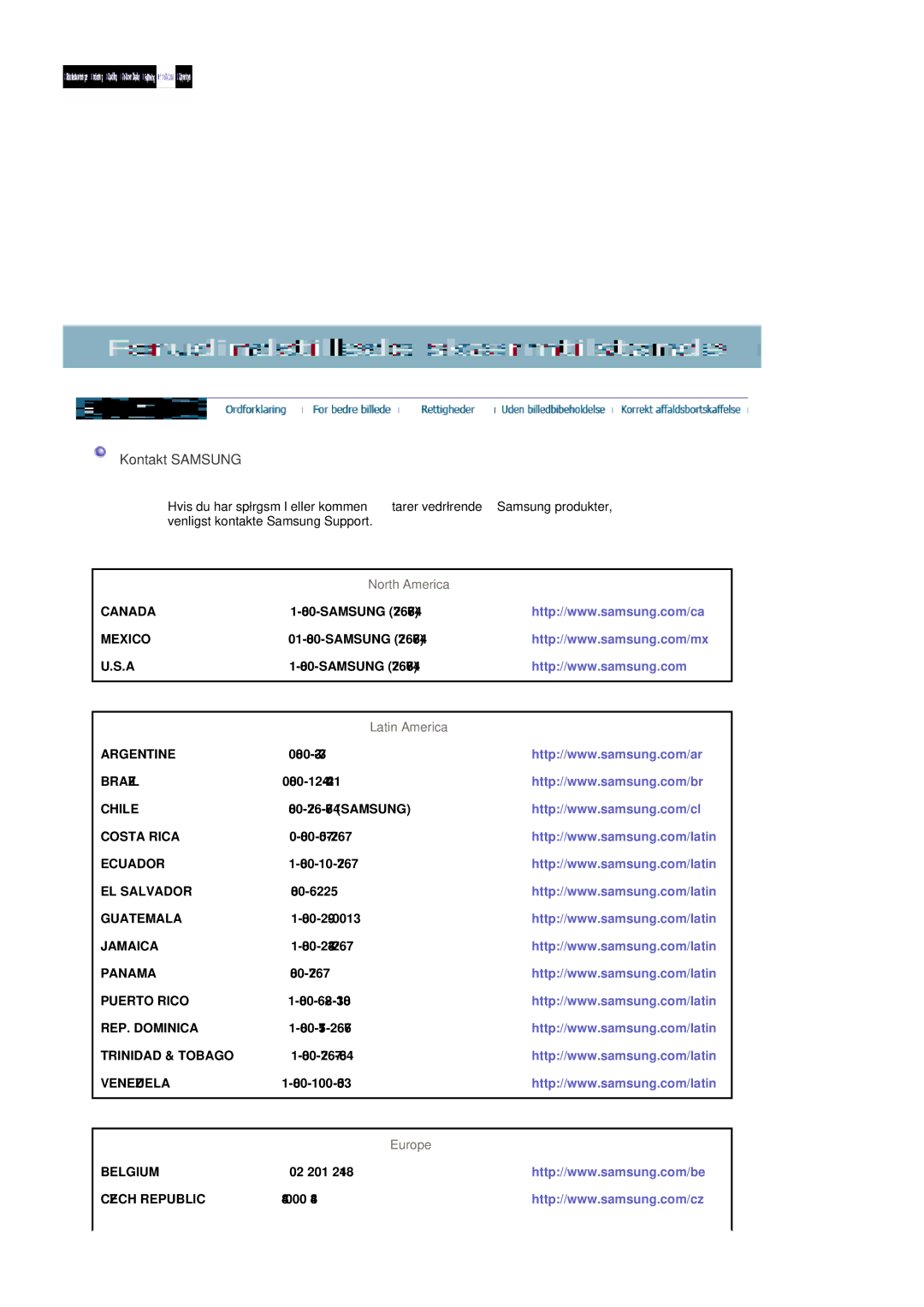 Samsung LS19DOCSSK/EDC manual Kontakt Samsung, North America, Latin America, Europe 