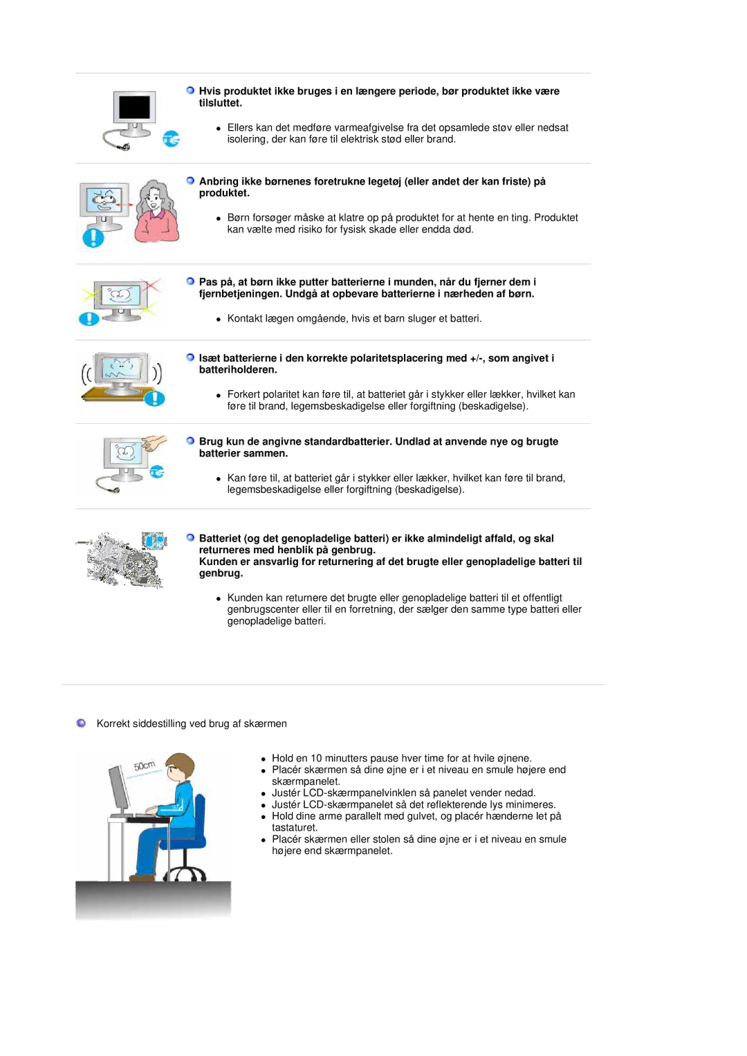 Samsung LS19DOCSSK/EDC manual Kontakt lægen omgående, hvis et barn sluger et batteri 