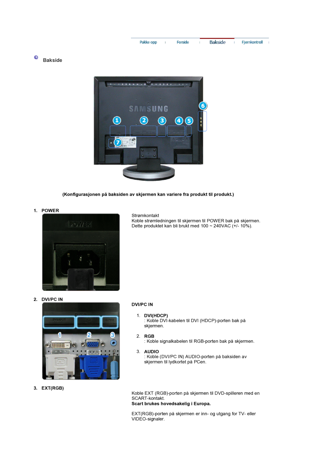 Samsung LS19DOCSSK/EDC manual Bakside, Rgb, Scart brukes hovedsakelig i Europa 