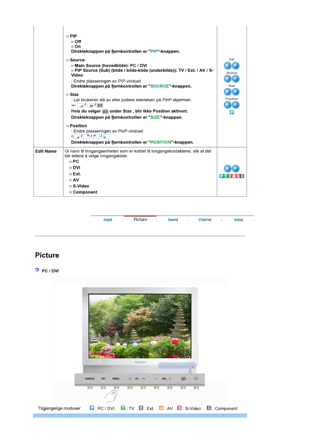 Samsung LS19DOCSSK/EDC manual Direkteknappen på fjernkontrollen er SOURCE-knappen Size, Ext Video Component, Pc / Dvi 