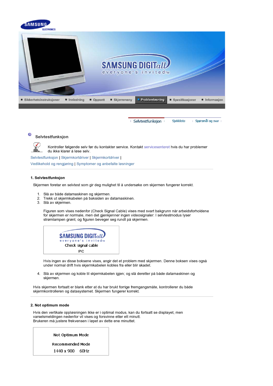 Samsung LS19DOCSSK/EDC manual Selvtestfunksjon, Not optimum mode 